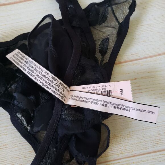 Victoria's Secret Floral Applique Bow Back Mesh Thong Panty Black Size Medium - Picture 10 of 11